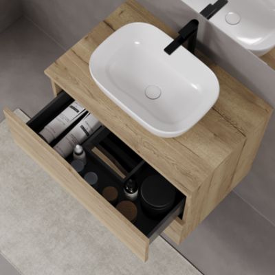 Meuble de salle de bain 80cm avec plateau et vasque à poser zeus - 2 tiroirs - sans miroir - madera miel (chêne clair) - LUNA