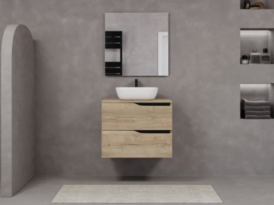 Meuble de salle de bain 80cm avec plateau et vasque à poser zeus - 2 tiroirs - sans miroir - madera miel (chêne clair) - LUNA