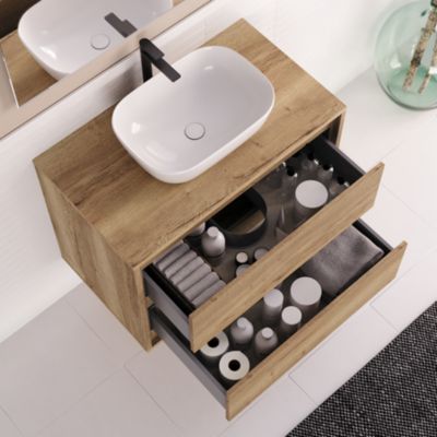 Meuble de salle de bain 80cm avec vasque à poser arrondie - 2 tiroirs - roble sanctuary (chêne clair) - ETIO