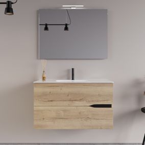 Meuble de salle de bain 80cm simple vasque - 2 tiroirs - roble halifax (chêne clair)  - COME