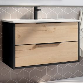 Meuble de salle de bain 80cm simple vasque - 2 tiroirs - sans miroir - ALBA - noir/roble