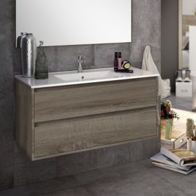 Meuble de salle de bain 80cm simple vasque - 2 tiroirs - sans miroir - IRIS - britannia (chêne foncé)