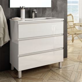 Meuble de salle de bain 80cm simple vasque - 3 tiroirs - sans miroir - PALMA - blanc