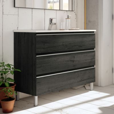 Meuble de salle de bain 80cm simple vasque - 3 tiroirs - sans miroir - PALMA - ebony (bois noir)