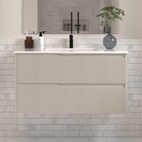 Meuble de salle de bain 80cm simple vasque - sans miroir - 2 tiroirs - beige (vanille mat) - HELIO
