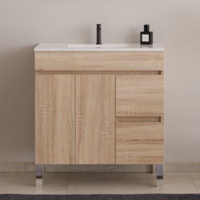 Meuble de salle de bain 80cm simple vasque sans miroir sur pieds avec portes et tiroirs - cambrian (chêne clair) - HARO
