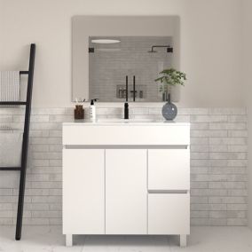 Meuble de salle de bain 80cm simple vasque sur pieds avec portes et tiroirs - blanc - HARO