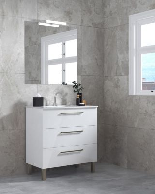 Meuble de salle de bain 80cm STAY THREE CLASSIC blanc brillant - Vasque en céramique