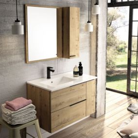 Meuble de salle de bain 80cm vasque déportée - 2 tiroirs - miroir avec armoirette - KING - Roble (chêne clair)