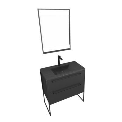 Meuble de salle de bain 80x50 cm - 2 tiroirs noir mat - vasque résine noire effet pierre + miroir
