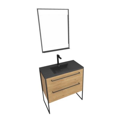 Meuble de salle de bain 80x50cm - 2 tiroirs chêne brun- vasque résine noire effet pierre - miroir