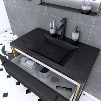 Meuble de salle de bain 80x50cm chene brun - 2 tiroirs noir mat - vasque resine noire effet pierre