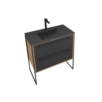 Meuble de salle de bain 80x50cm chene brun - 2 tiroirs noir mat - vasque resine noire effet pierre