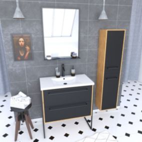 Meuble de salle de bain 80x50cm - vasque blanche 80x50cm -tiroirs noir mat + colonne + miroir