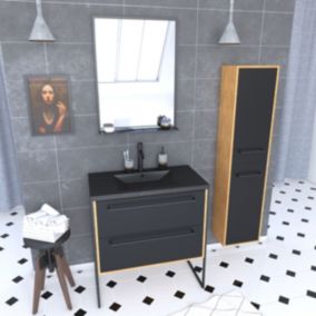 Meuble de salle de bain 80x50cm - vasque noir effet pierre -tiroirs noir mat + colonne + mirroir