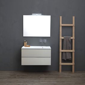 Meuble de salle de bain 90cm 2c gris perle, lavabo en résine avec baignoire à droite, miroir 90x70 - valentina