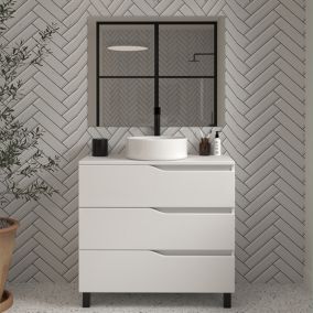 Meuble de salle de bain 90cm avec plateau et vasque à poser - 3 tiroirs - blanc - MATA