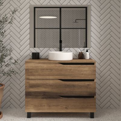 Meuble de salle de bain 90cm avec plateau et vasque à poser - 3 tiroirs - tabaco (chêne foncé) - MATA