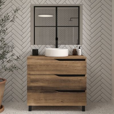 Meuble de salle de bain 90cm avec plateau et vasque à poser - 3 tiroirs - tabaco (chêne foncé) - MATA