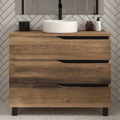 Meuble de salle de bain 90cm avec plateau et vasque à poser - 3 tiroirs - tabaco (chêne foncé) - MATA