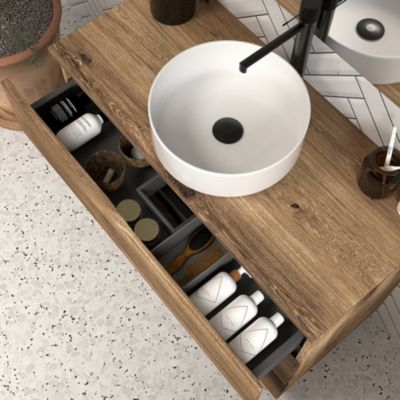 Meuble de salle de bain 90cm avec plateau et vasque à poser - 3 tiroirs - tabaco (chêne foncé) - MATA