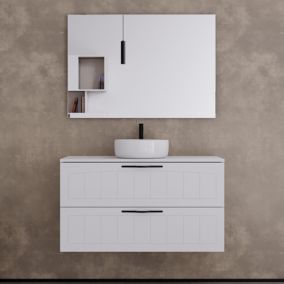 Meuble de salle de bain 90cm avec plateau et vasque à poser ronde - 2 tiroirs - sans miroir - blanc - PIA