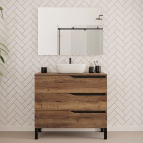 Meuble de salle de bain 90cm avec plateau et vasque à poser zeus - 3 tiroirs - tabaco (chêne foncé) - MATA