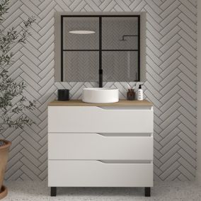 Meuble de salle de bain 90cm avec plateau miel et vasque à poser - 3 tiroirs - blanc - MATA