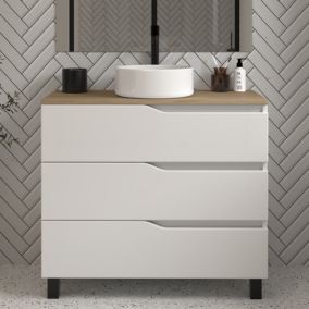 Meuble de salle de bain 90cm avec plateau miel et vasque à poser - 3 tiroirs - sans miroir - blanc - MATA