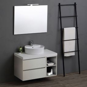 Meuble de salle de bain 90cm avec tiroirs et compartiment ouvert gris perle, dessus blanc, lavabo à poser et miroir - valentina