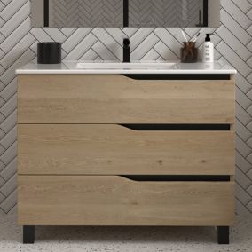 Meuble de salle de bain 90cm simple vasque - 3 tiroirs - sans miroir - madera miel (chêne clair) - MATA
