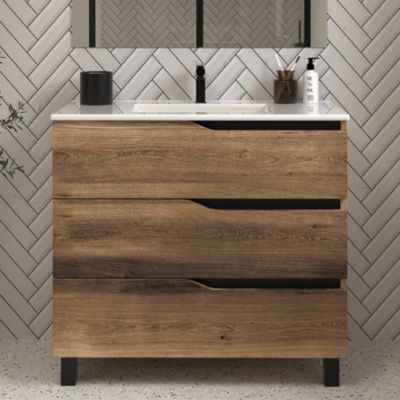 Meuble de salle de bain 90cm simple vasque - 3 tiroirs - sans miroir - tabaco (chêne foncé) - MATA
