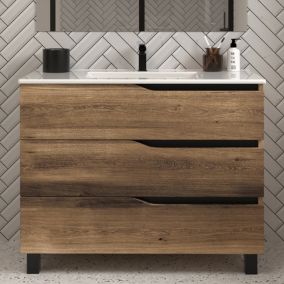 Meuble de salle de bain 90cm simple vasque - 3 tiroirs - sans miroir - tabaco (chêne foncé) - MATA