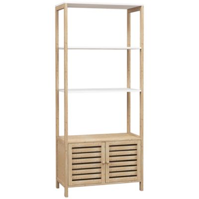 Meuble de Salle de Bain avec 3 étagères en Bambou 1 Placard avec Portes à Lattes 63 x 30 x 138 cm Bois Naturel et Blanc