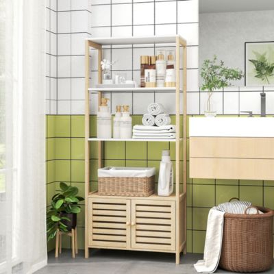 Meuble de Salle de Bain avec 3 étagères en Bambou 1 Placard avec Portes à Lattes 63 x 30 x 138 cm Bois Naturel et Blanc