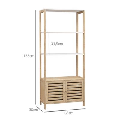 Meuble de Salle de Bain avec 3 étagères en Bambou 1 Placard avec Portes à Lattes 63 x 30 x 138 cm Bois Naturel et Blanc