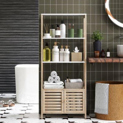 Meuble de Salle de Bain avec 3 étagères en Bambou 1 Placard avec Portes à Lattes 63 x 30 x 138 cm Bois Naturel et Blanc