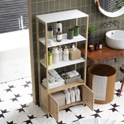 Meuble de Salle de Bain avec 3 étagères en Bambou 1 Placard avec Portes à Lattes 63 x 30 x 138 cm Bois Naturel et Blanc