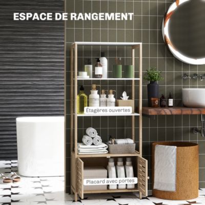 Meuble de Salle de Bain avec 3 étagères en Bambou 1 Placard avec Portes à Lattes 63 x 30 x 138 cm Bois Naturel et Blanc