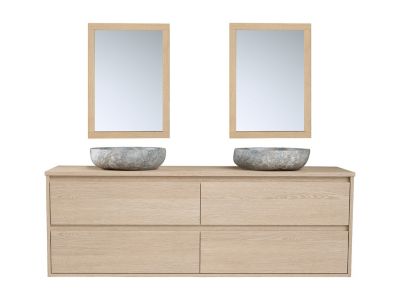 Meuble de salle de bain avec double vasque à poser en pierre et miroir - Placage chêne - 150 cm - MILIPAM