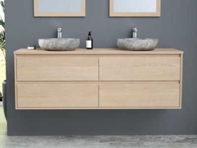 Meuble de salle de bain avec double vasque à poser en pierre et miroir - Placage chêne - 150 cm - MILIPAM