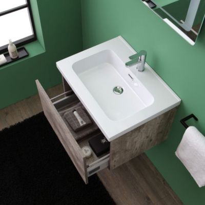Meuble De Salle De Bain Avec Tiroir Finition Ciment 60Cm Miroir Avec Led - Madrid