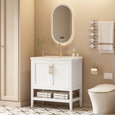 Meuble de salle de bain avec une vasque en céramique - 2 portes - blanc(robinet non inclus)