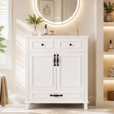 Meuble de salle de bain avec vasque en céramique - 2 portes et 2 tiroirs - 9 compartiments de rangement - Blanc