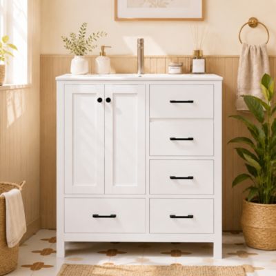 Meuble de salle de bain avec vasque en céramique - 4 tiroirs et 2 portes - Finition peinte - MDF - Blanc