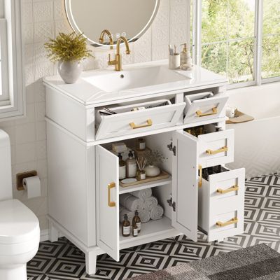 Meuble de salle de bain avec vasque en céramique, une fermeture amortie et protection anti-débordement