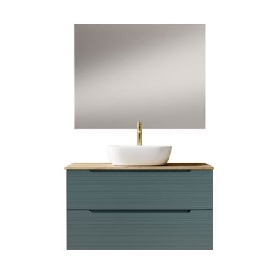 Meuble de salle de bain avec vasque, miroir et applique LED BOREAL 100x45 cm finition Bleu Océan mat 2 tiroirs suspendus Kibath