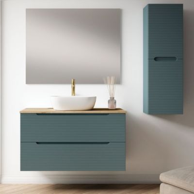 Meuble de salle de bain avec vasque, miroir et applique LED BOREAL 100x45 cm finition Bleu Océan mat 2 tiroirs suspendus Kibath