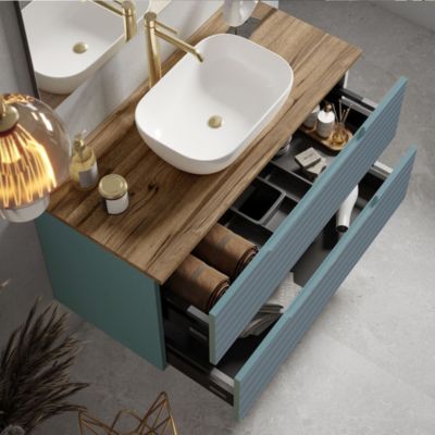 Meuble de salle de bain avec vasque, miroir et applique LED BOREAL 100x45 cm finition Bleu Océan mat 2 tiroirs suspendus Kibath