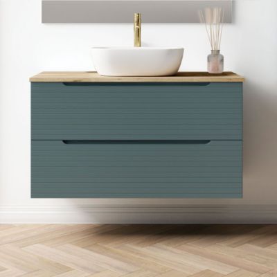 Meuble de salle de bain avec vasque, miroir et applique LED BOREAL 100x45 cm finition Bleu Océan mat 2 tiroirs suspendus Kibath